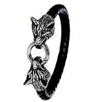 Hot popular engagement band fashion wolf head men stainless steel bracelet leather